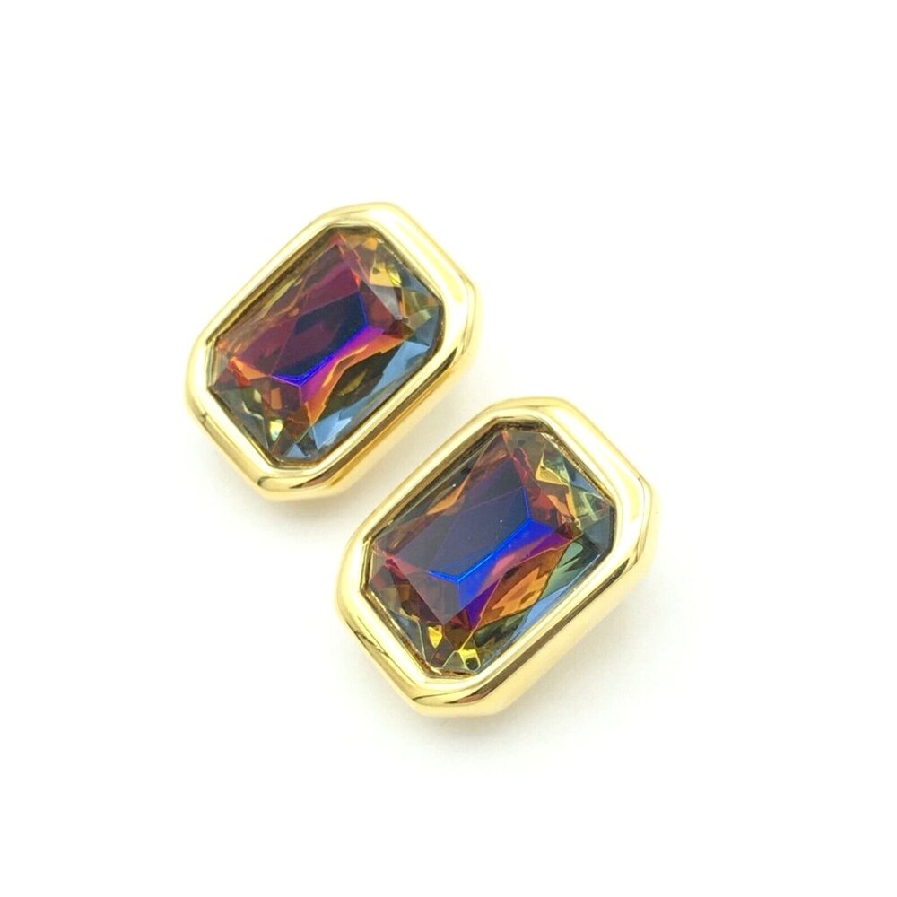 KENNETH JAY LANE multicolor rhinestone clip earrings - vtg gold-tone rectangular - Picture 6 of 9